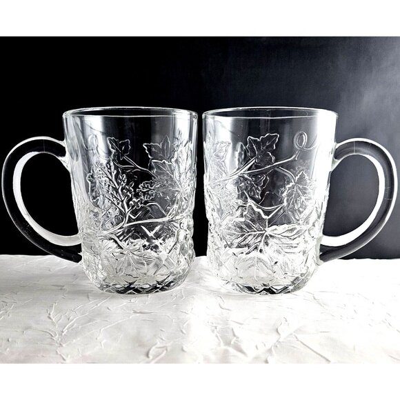 2 Cristal D'Arques Mallory Crystal Mug 4" grape leaves raised relief 10oz emboss - Picture 2 of 10